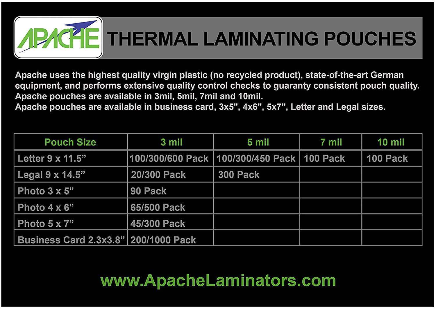 Apache Laminating Pouches, 3 mil, Letter Size, 100 Pack