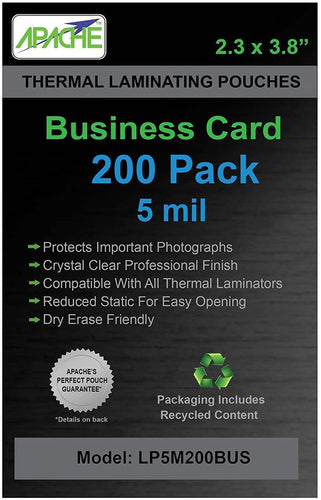 Apache Laminating Pouches, 5 mil, Business Card Size, 200 Pack - Apache